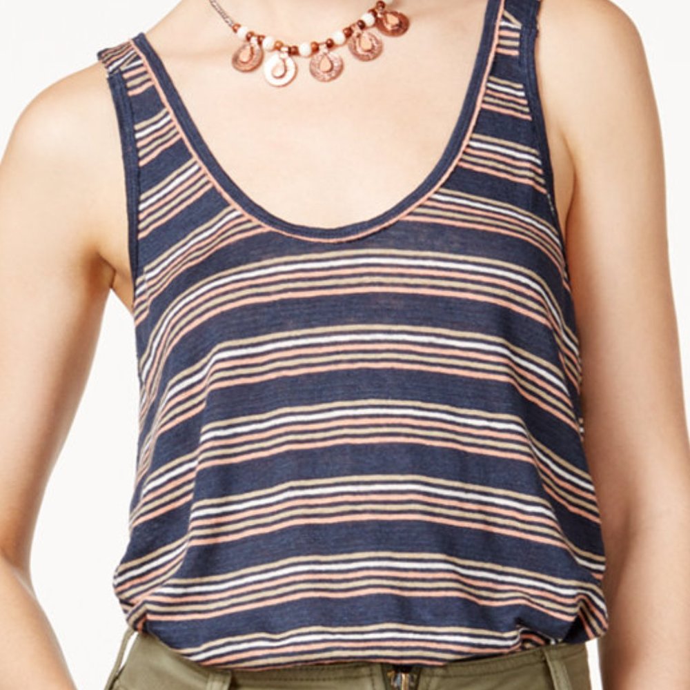 Free People "Best Nights" "Linen Striped Tank Top" xsmall racerback navy retro